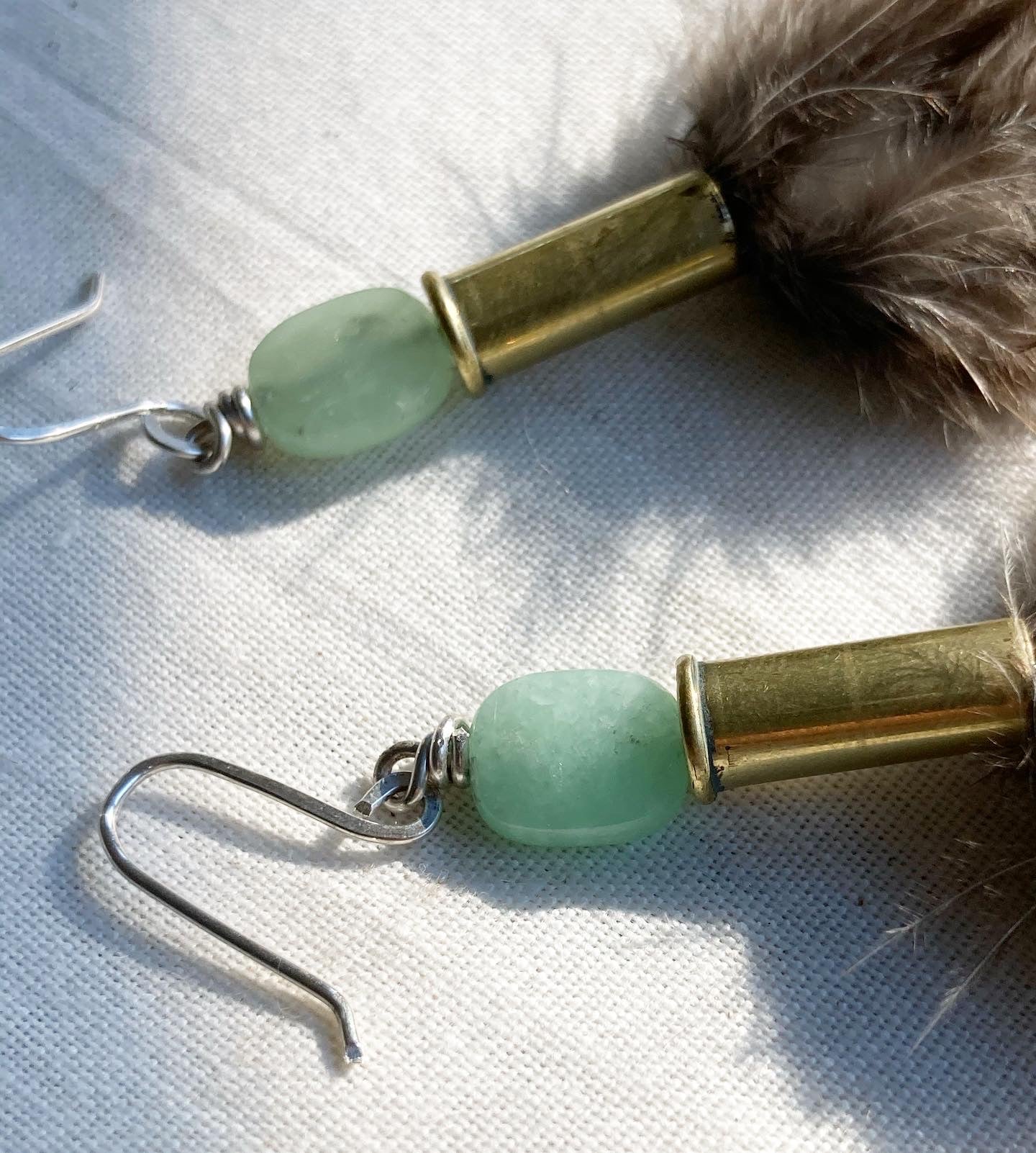 Light Green Feather + Jade + Recycled .22 Bullet Earrings MTO