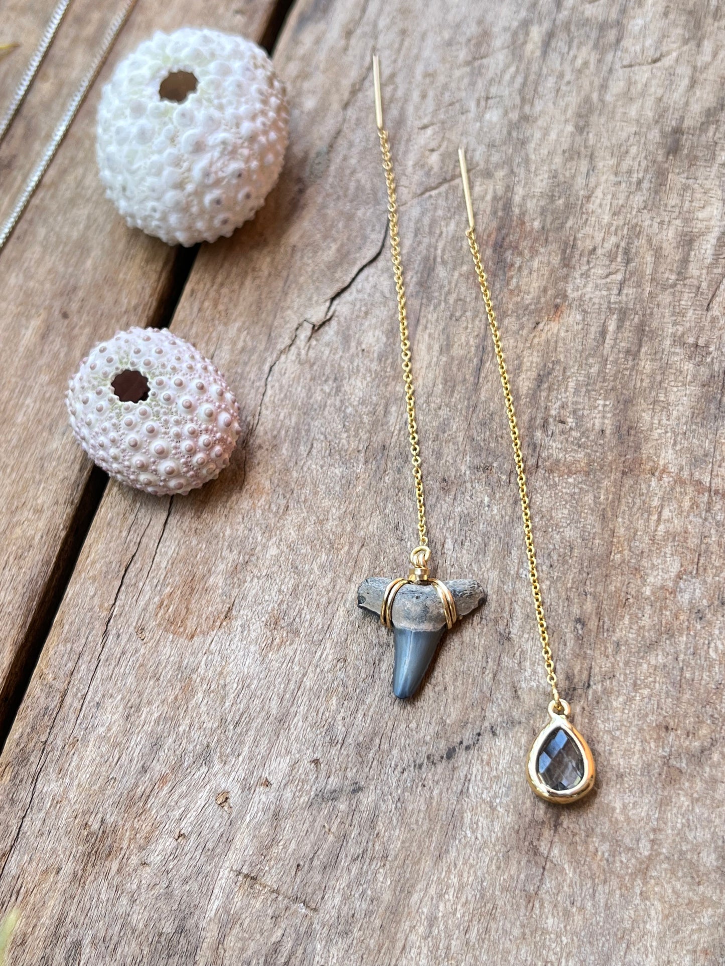 Shark Tooth + Tourmaline Threader Earrings