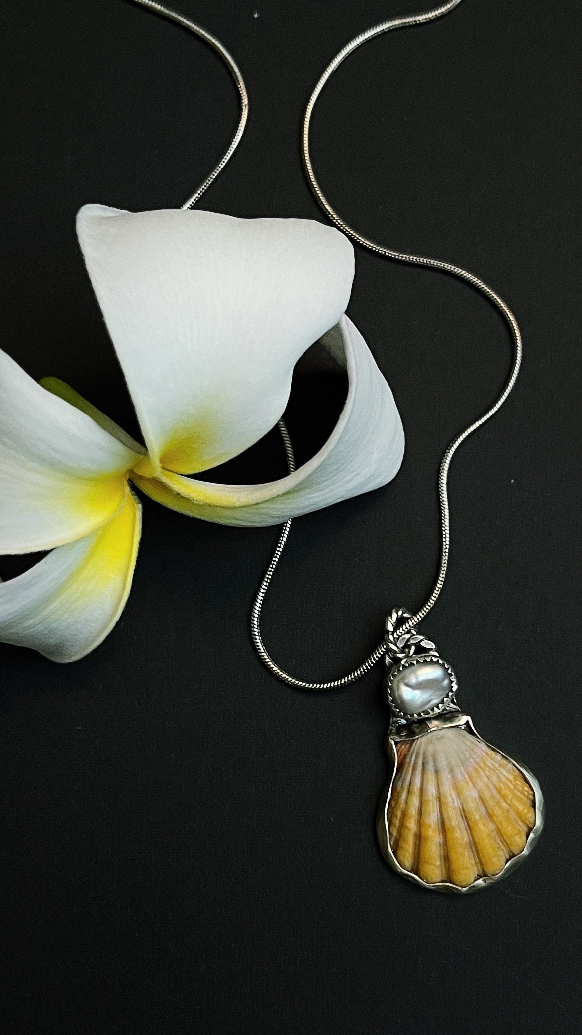 Kaua’i Sunrise Shell X Silver Tahitian Keshi Pearl Pendant