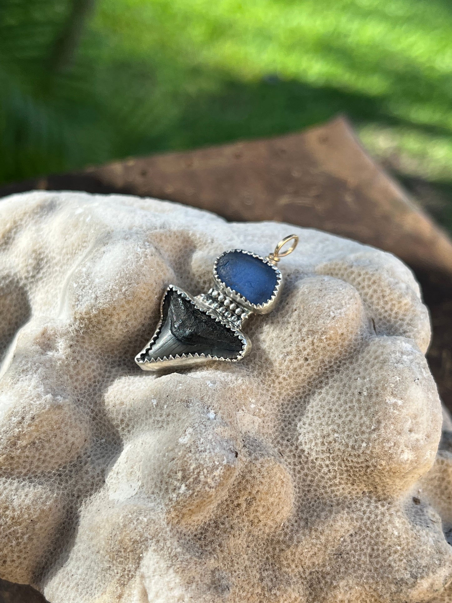 Shark tooth x sea glass pendant