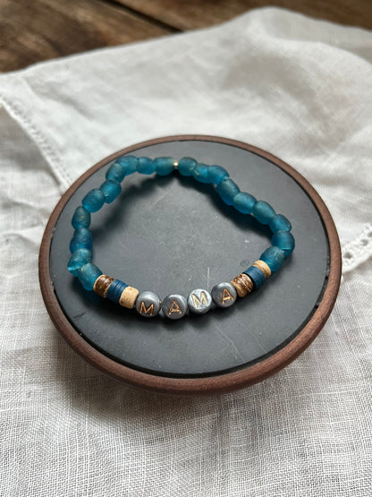 recycled sea glass + coconut word bracelet MTO