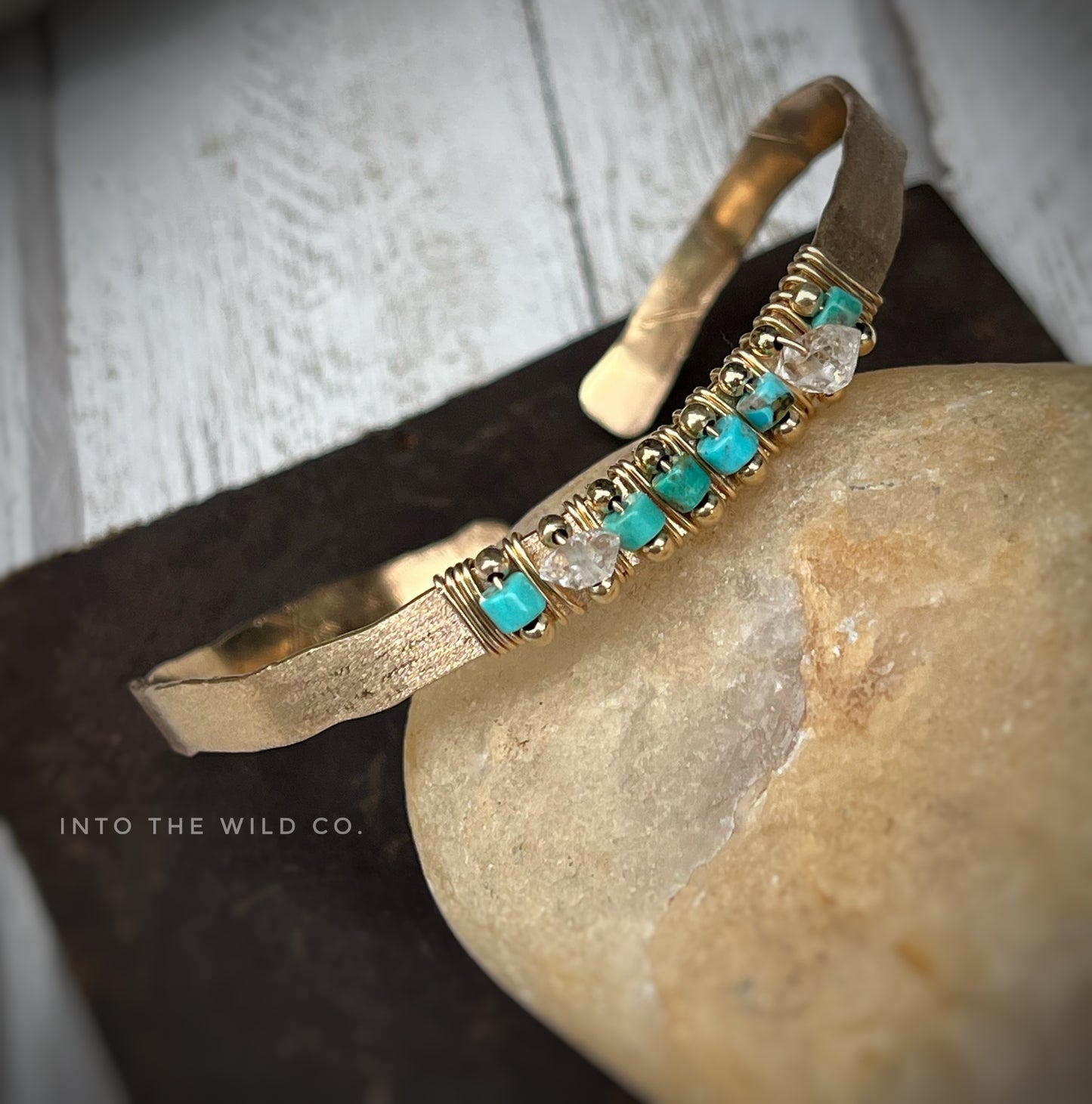 Turquoise x Herkimer Diamond Hammered Cuff Bracelet MTO