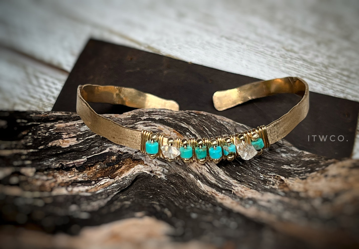 Turquoise x Herkimer Diamond Hammered Cuff Bracelet MTO