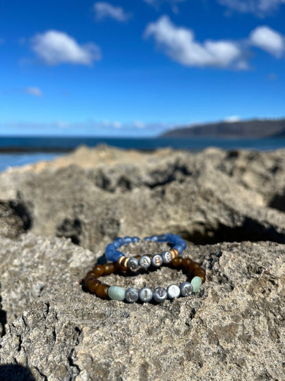 recycled sea glass + coconut word bracelet MTO