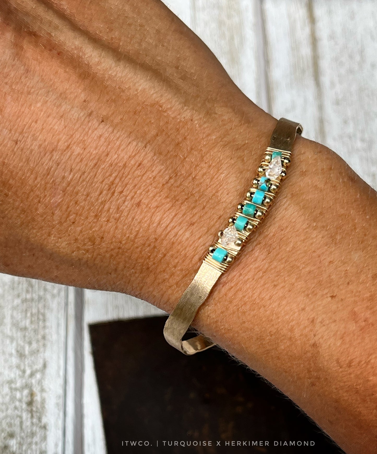 Turquoise x Herkimer Diamond Hammered Cuff Bracelet MTO