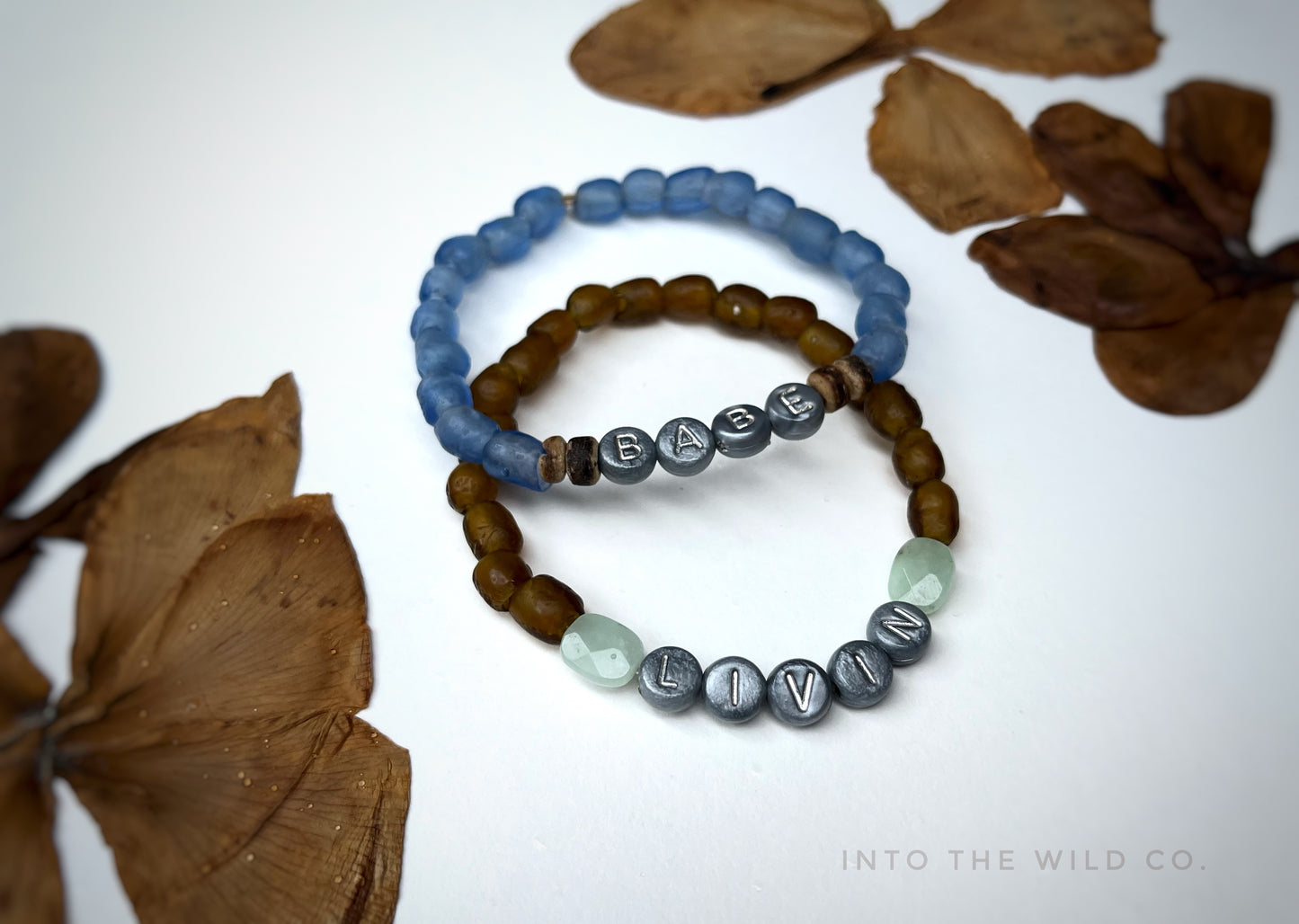 recycled sea glass + coconut word bracelet