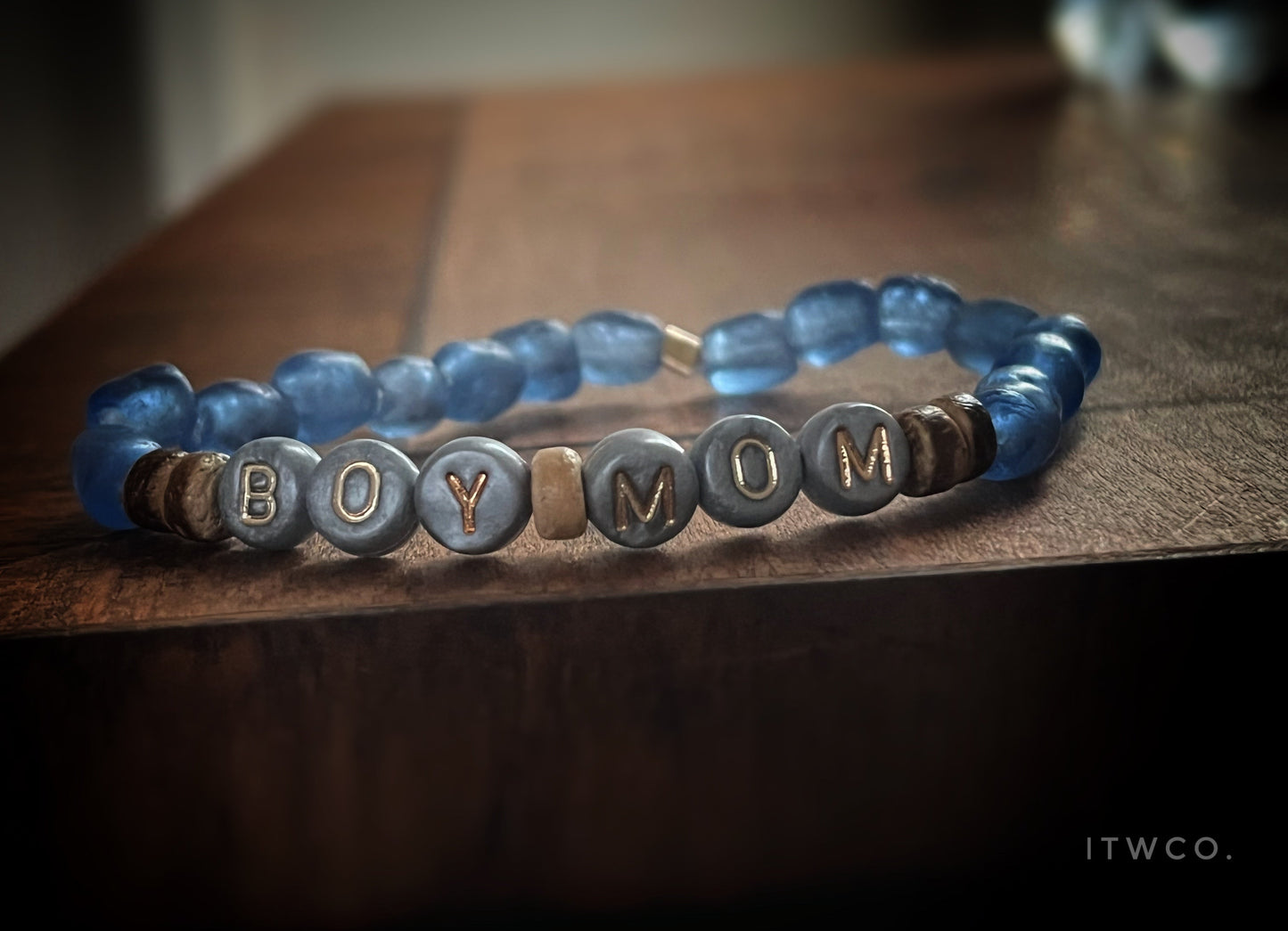 recycled sea glass + coconut word bracelet MTO