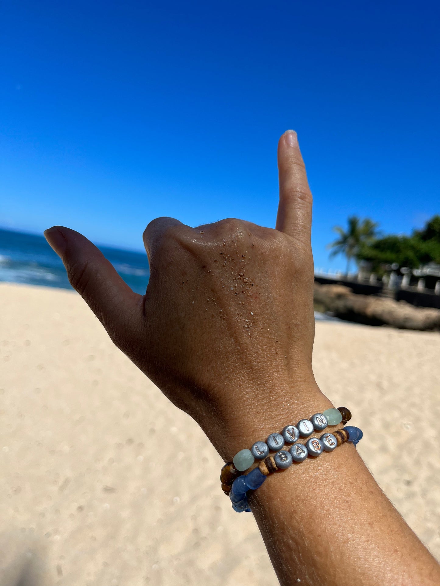 recycled sea glass + coconut word bracelet MTO