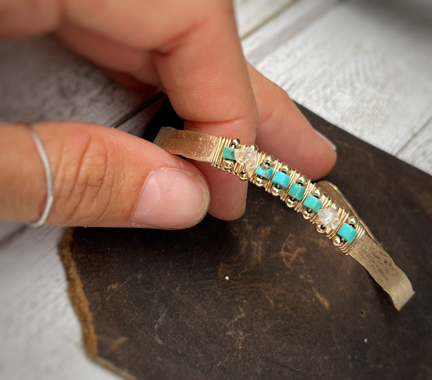 Turquoise x Herkimer Diamond Hammered Cuff Bracelet MTO