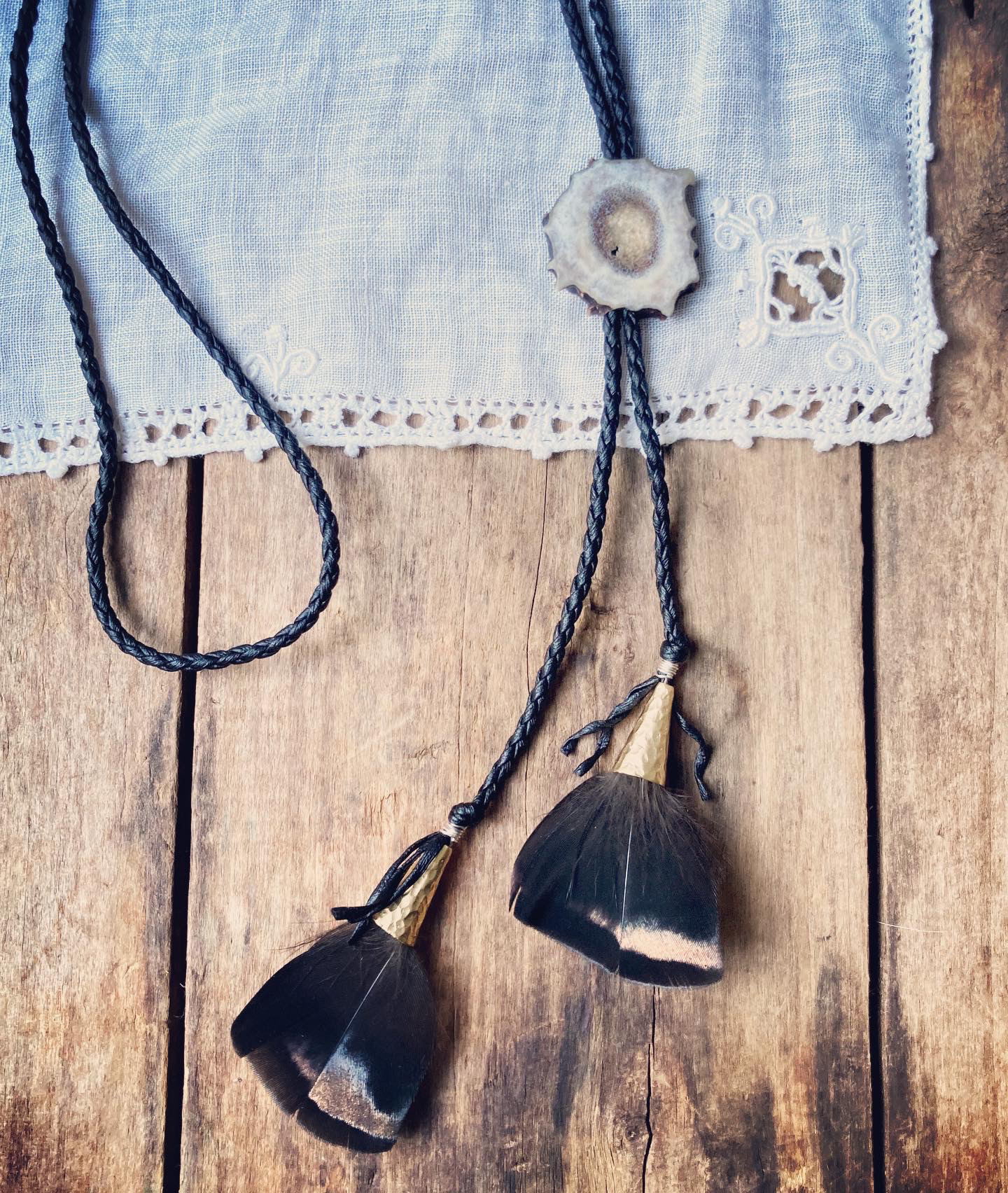 Whitetail Antler + Turkey Feather Bolo Tie / Lariat