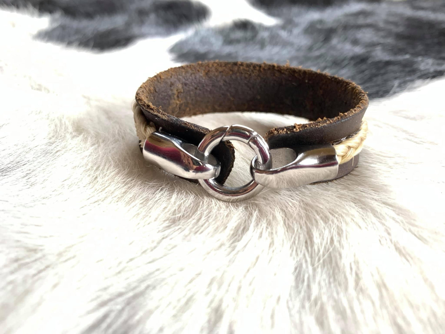 Water Buffalo Leather Horsehair Cuff Bracelet