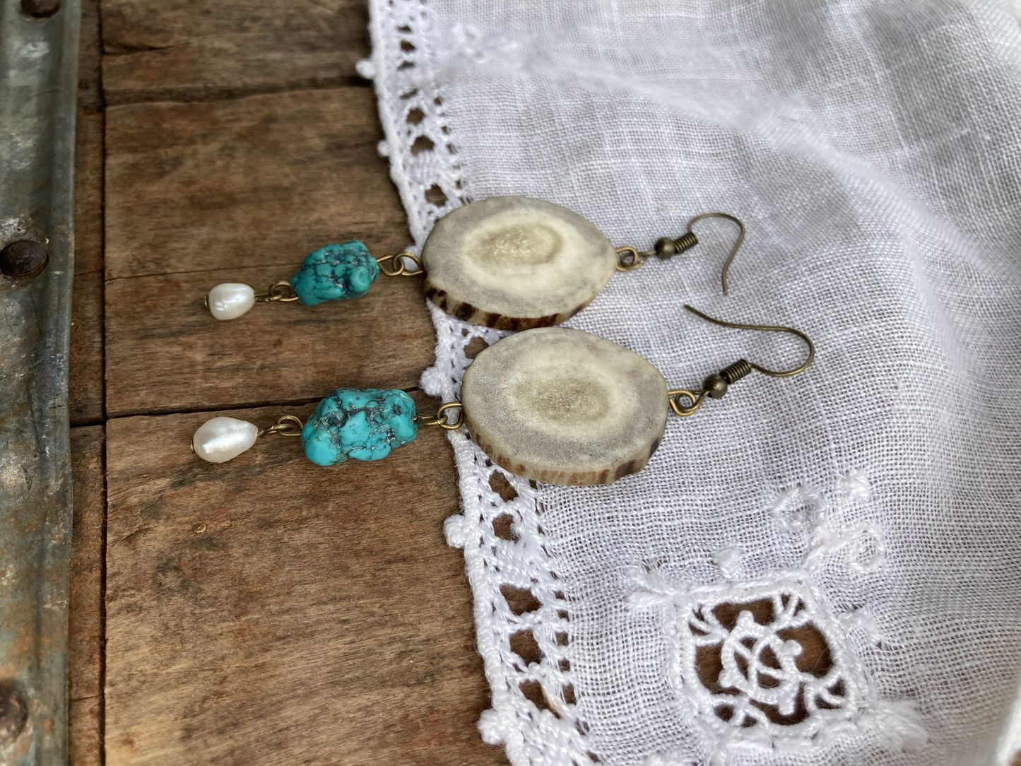 Antler + Turquoise + Pearl Earrings MTO