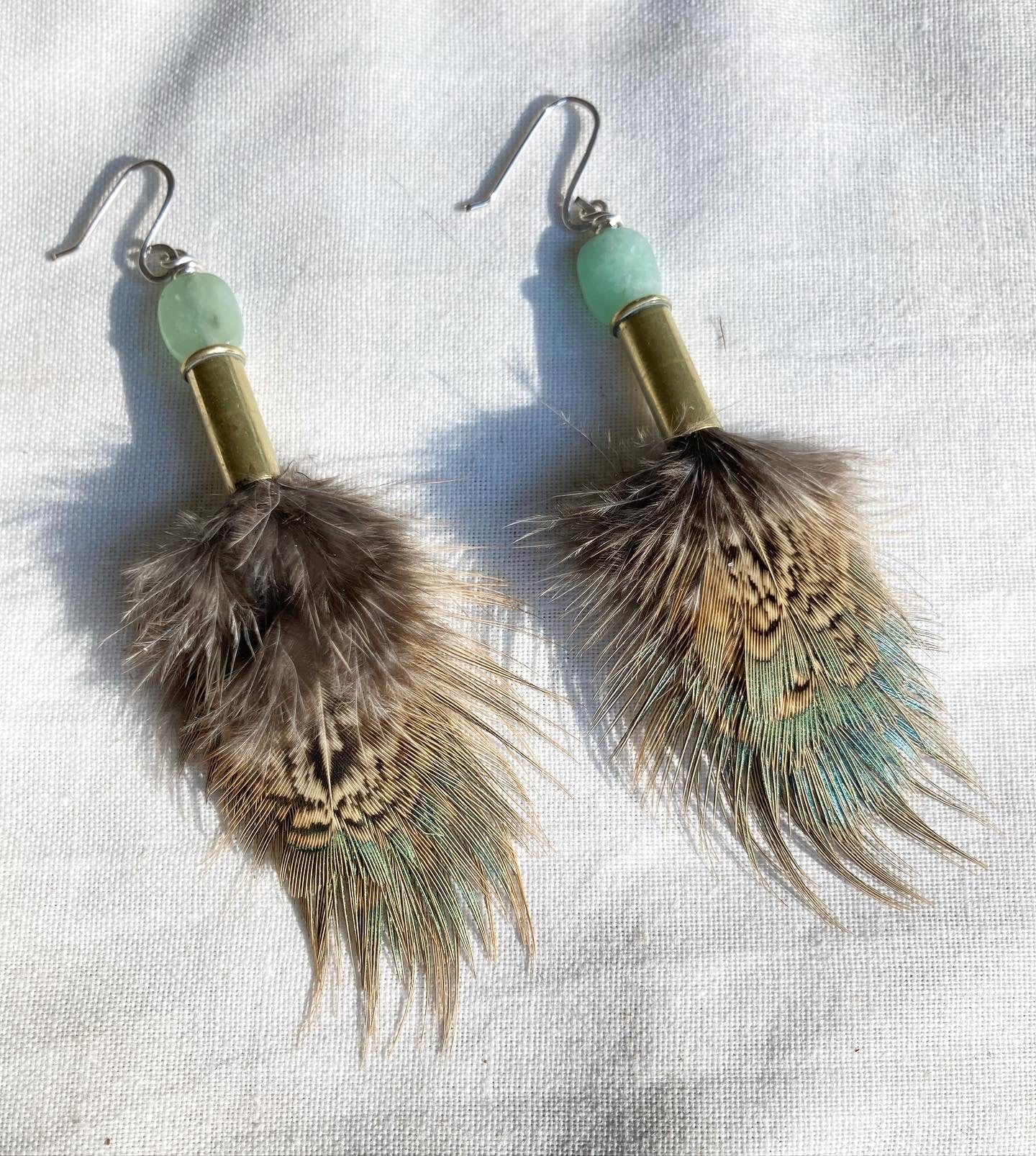 Light Green Feather + Jade + Recycled .22 Bullet Earrings MTO
