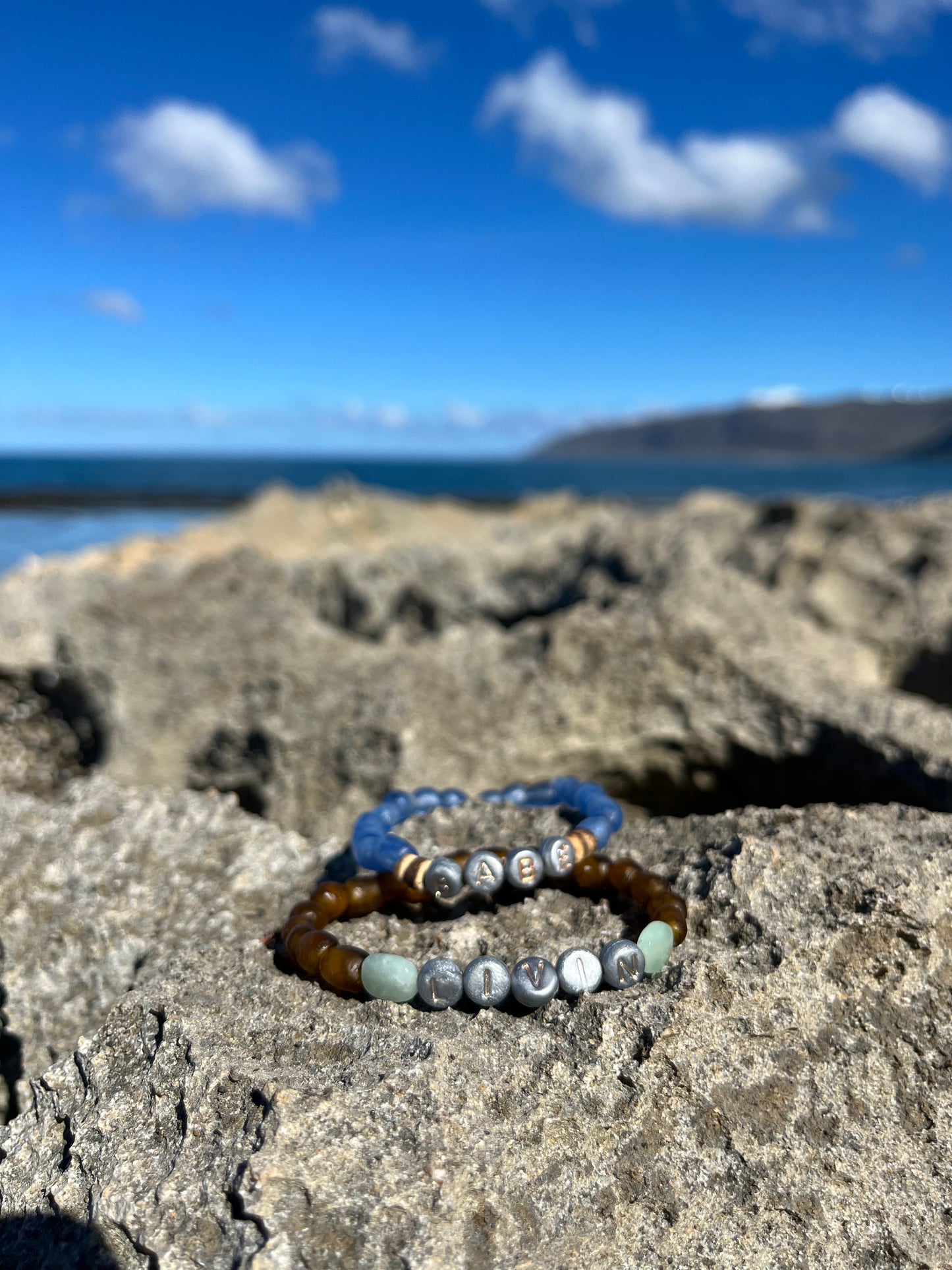 recycled sea glass + coconut word bracelet