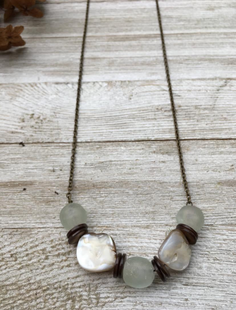 African Sea Glass + Mother Of Pearl Necklace