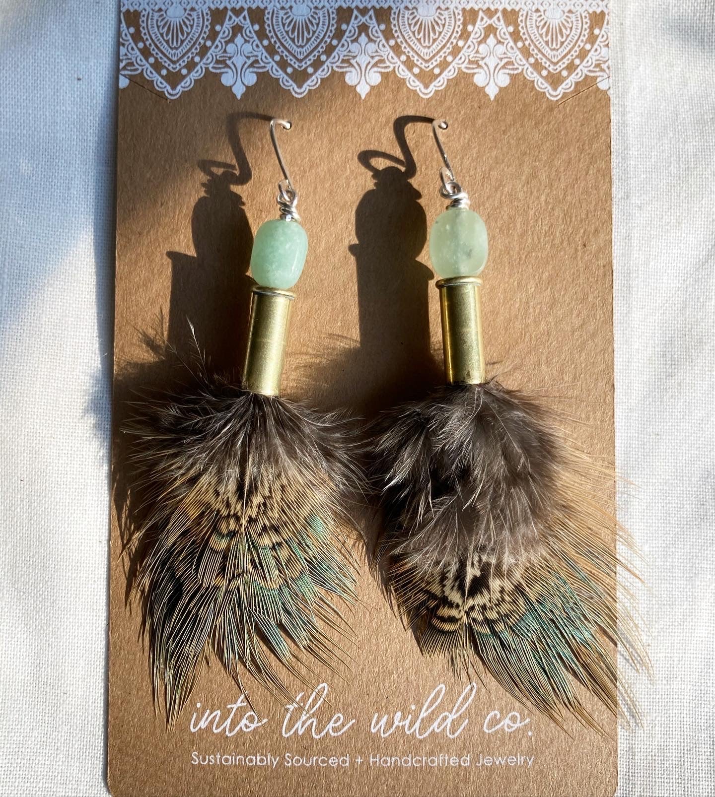 Light Green Feather + Jade + Recycled .22 Bullet Earrings MTO