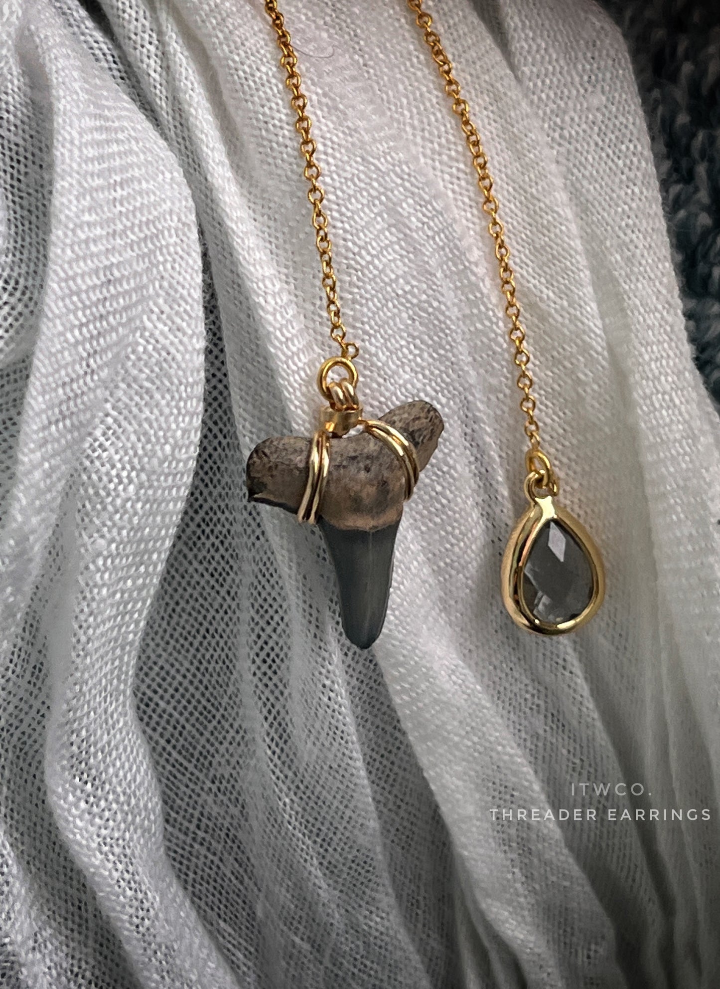 Shark Tooth + Tourmaline Threader Earrings